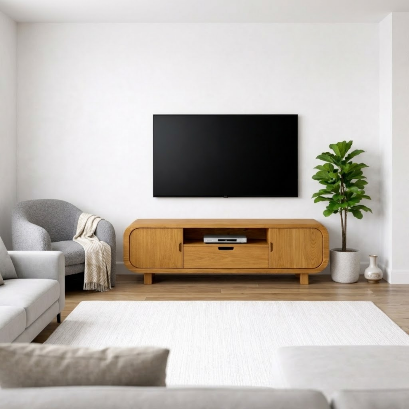 Modern Solid Oak TV Stand with Cabinet Doors and Drawer, Wooden Media Console for Living Room Kitchnce