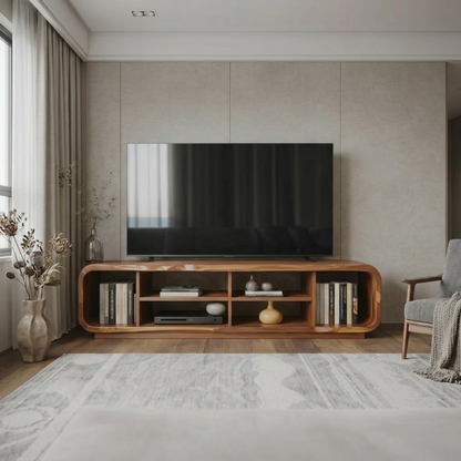 Modern Solid Wood TV Stand with Open Shelf Storage, Walnut Media Console for Living Room Kitchnce
