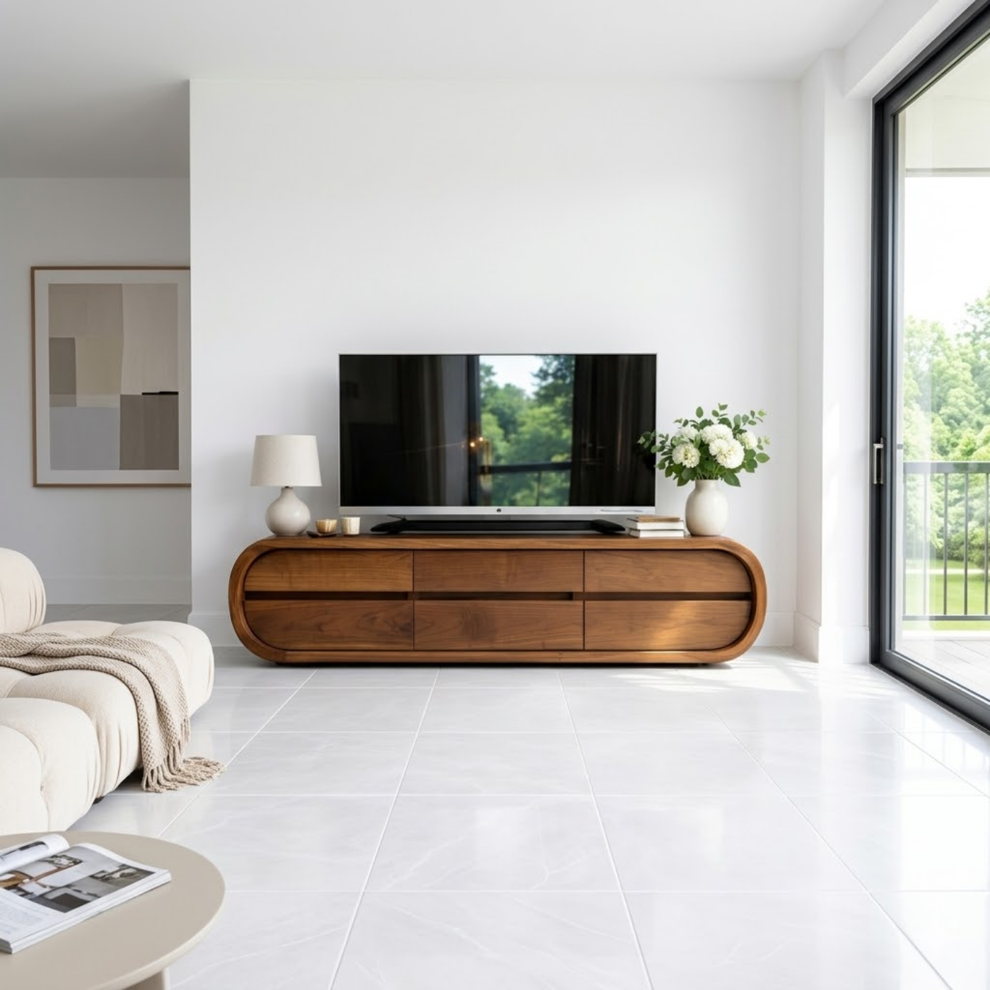 Solid Wood TV Stand with Drawers, Curved Modern Media Console Cabinet for Living Room Kitchnce