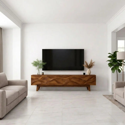 Wave Pattern Solid Wood TV Stand with Storage, Modern Media Console for Living Room Kitchnce