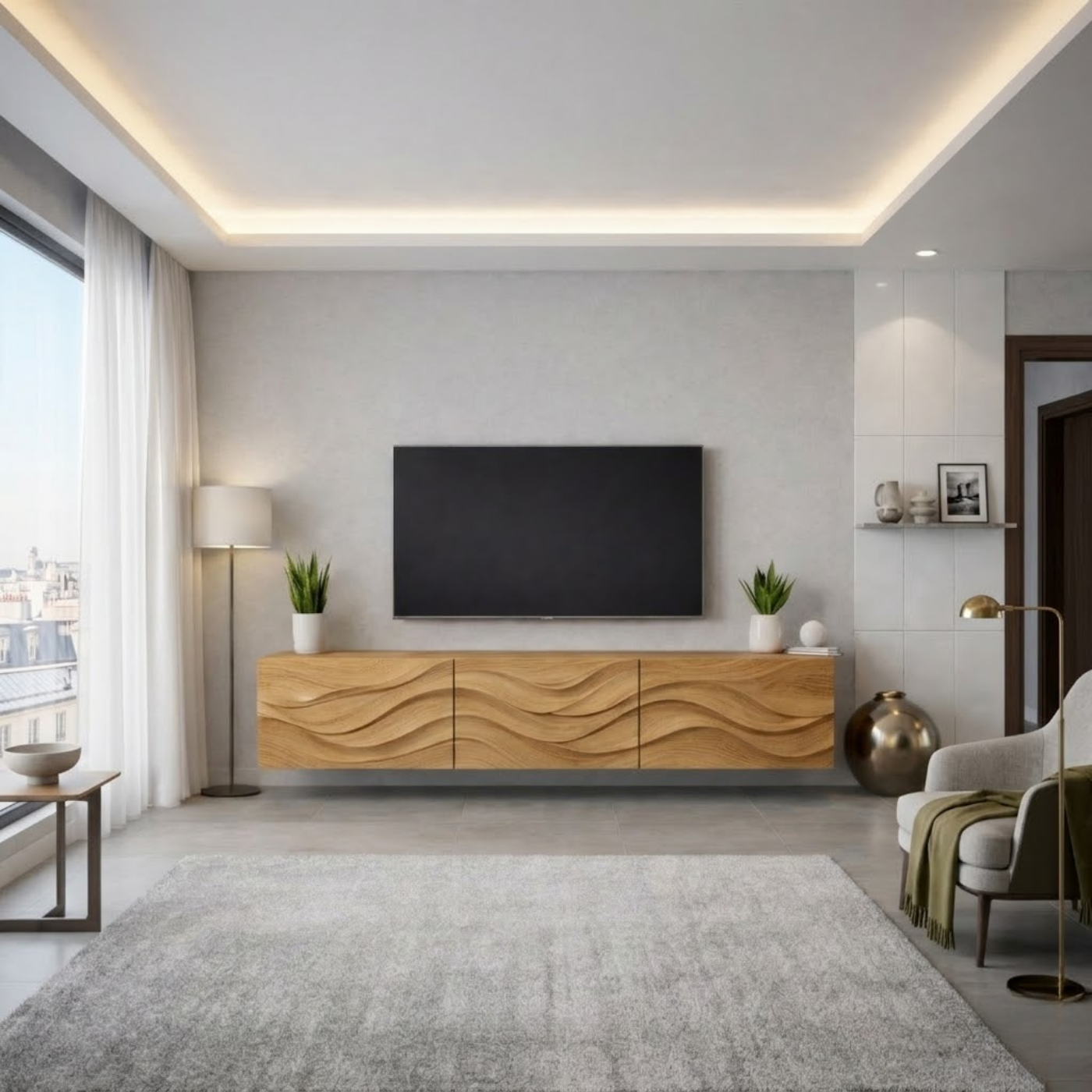 Wave Carved Solid Oak TV Stand with Modern Design, Stylish Media Console for Living Room Kitchnce