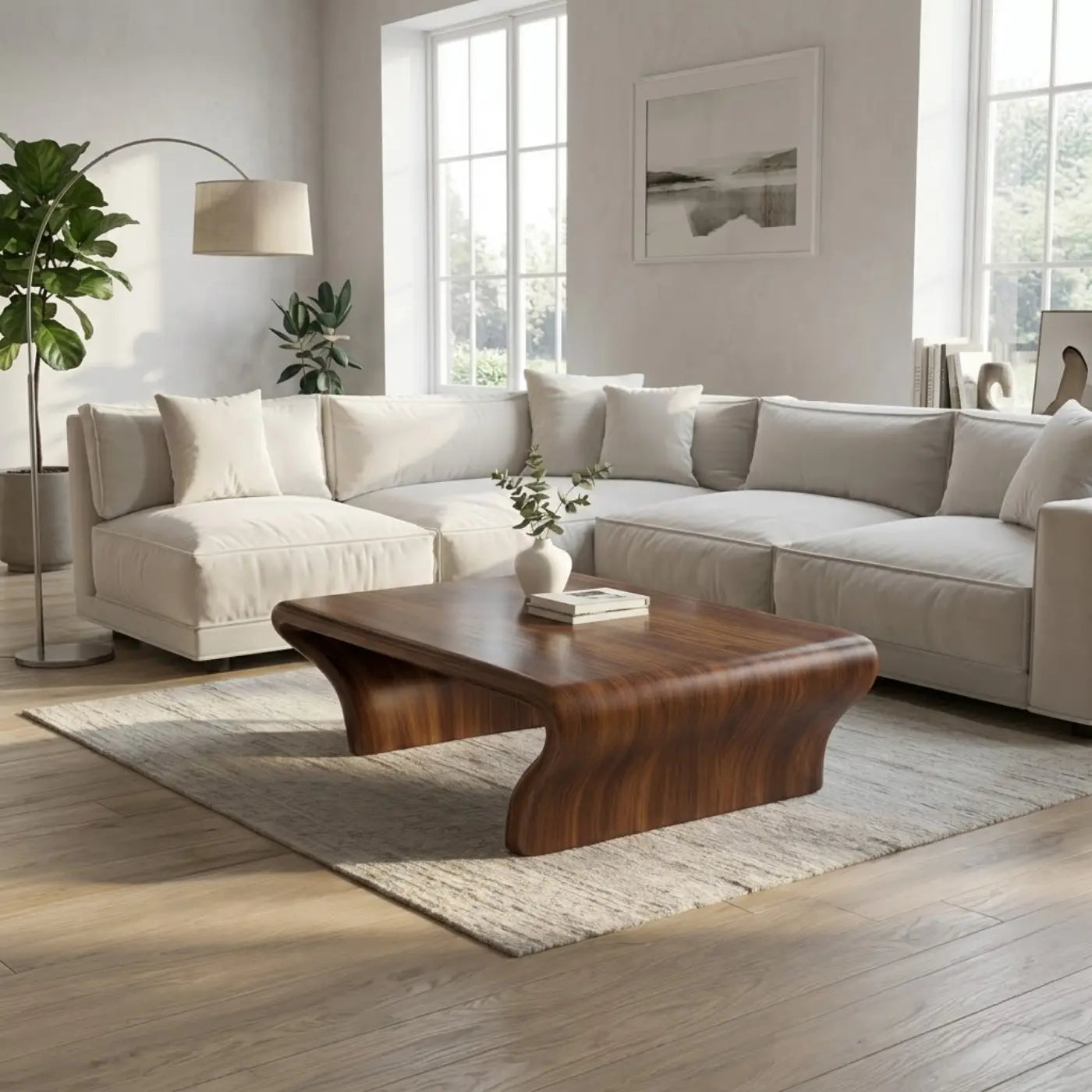 Sculptural Walnut Coffee Table with Curved Design, Modern and Minimalist Living Room Décor Kitchnce