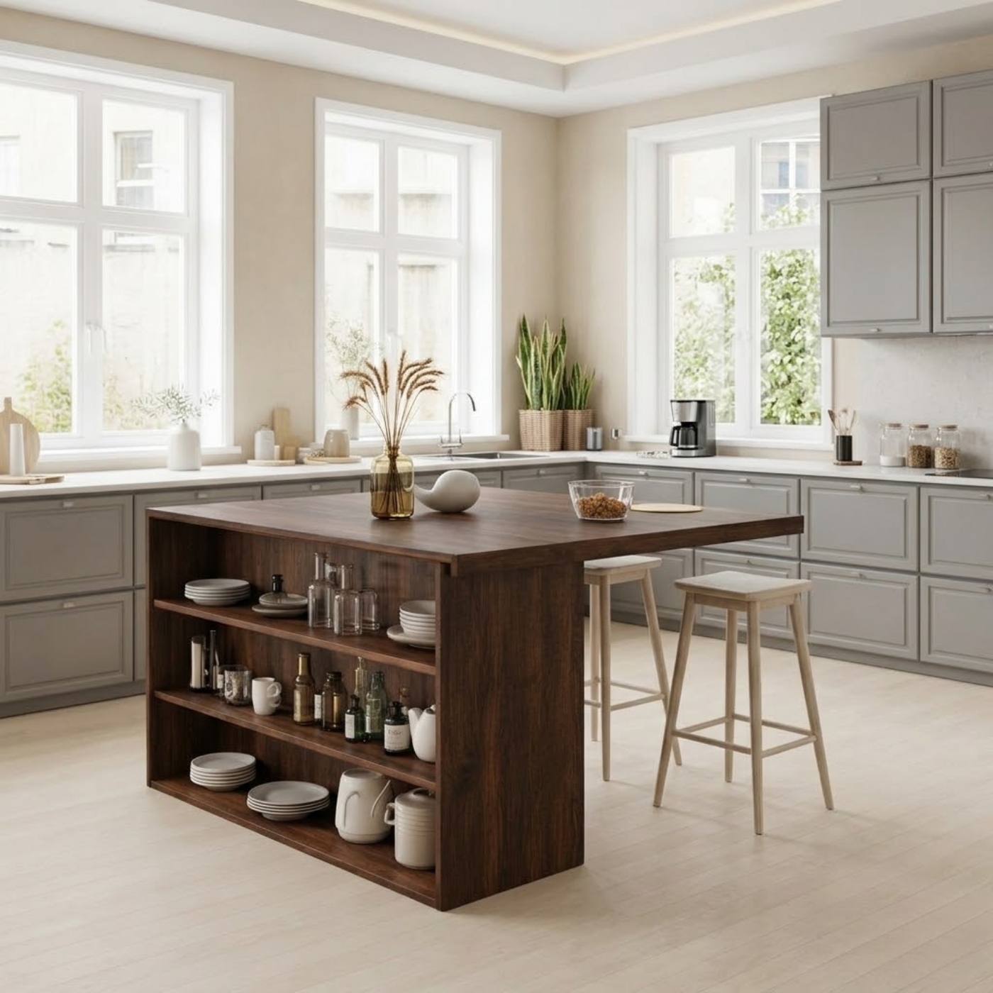 Modern Solid Wood Kitchen Island with Open Storage Shelves, Walnut Kitchen Bar Table