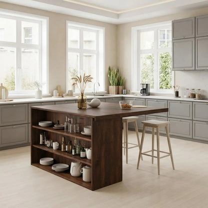 Modern Solid Wood Kitchen Island with Open Storage Shelves, Walnut Kitchen Bar Table Kitchnce