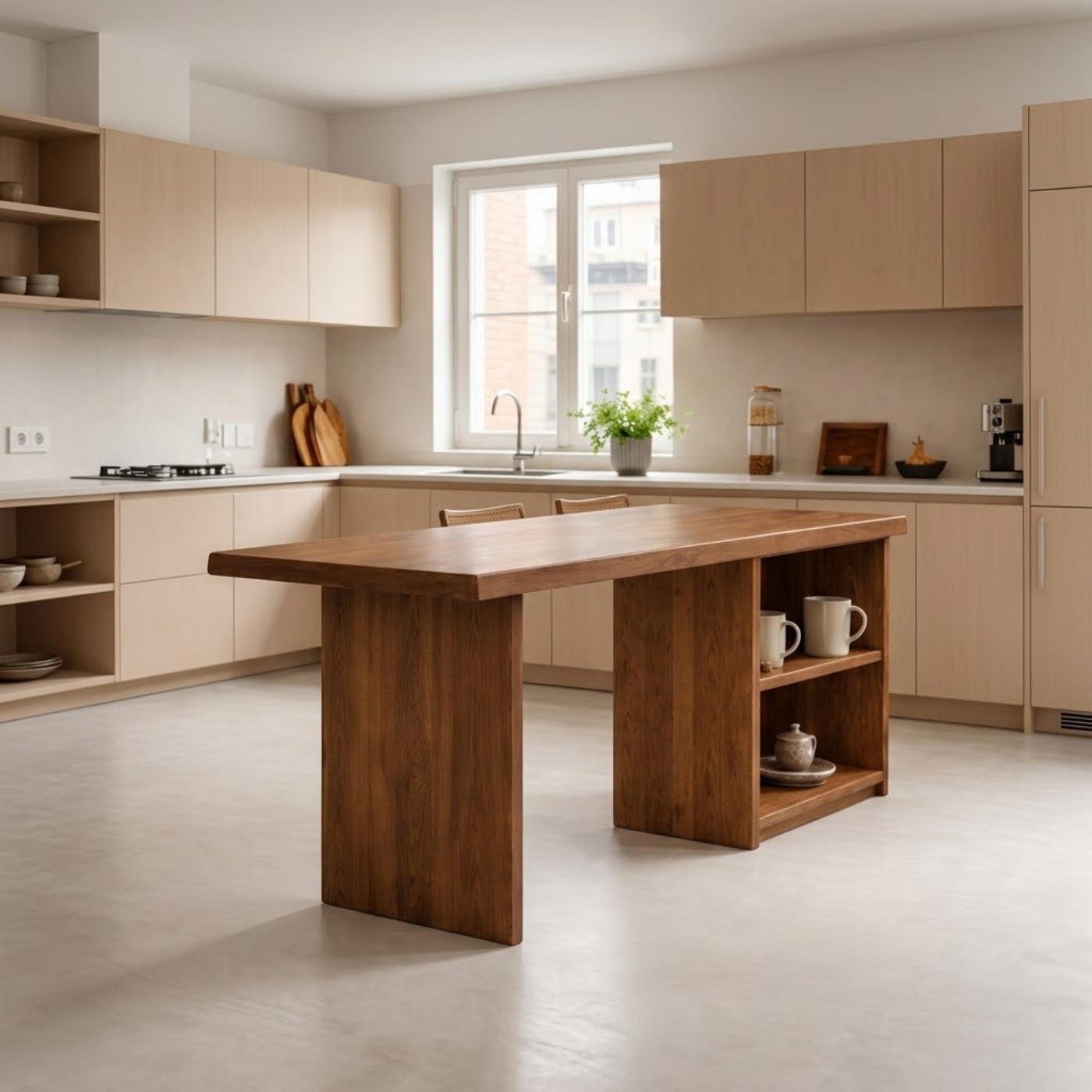 Solid Wood Kitchen Island with Open Shelf Storage and Spacious Prep Table
