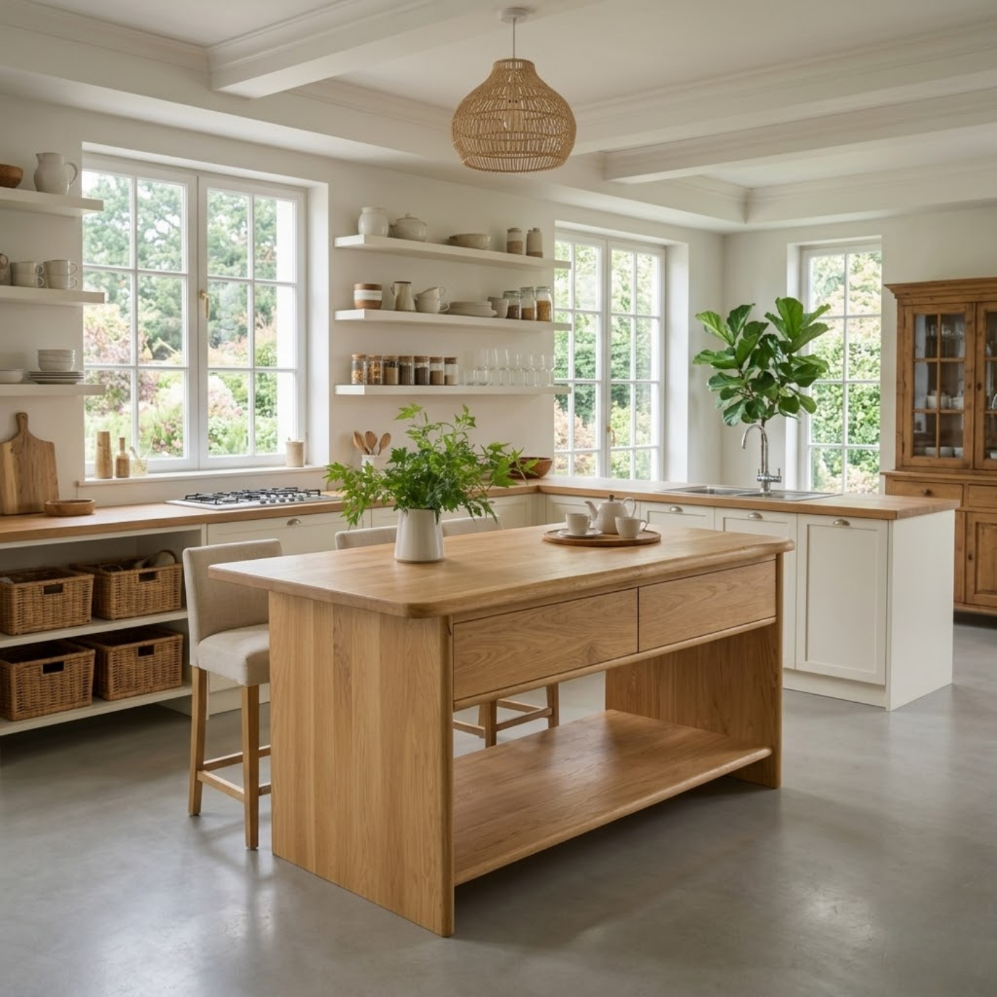 Modern Solid Wood Kitchen Island with Drawer and Open Shelf Storage Prep Table