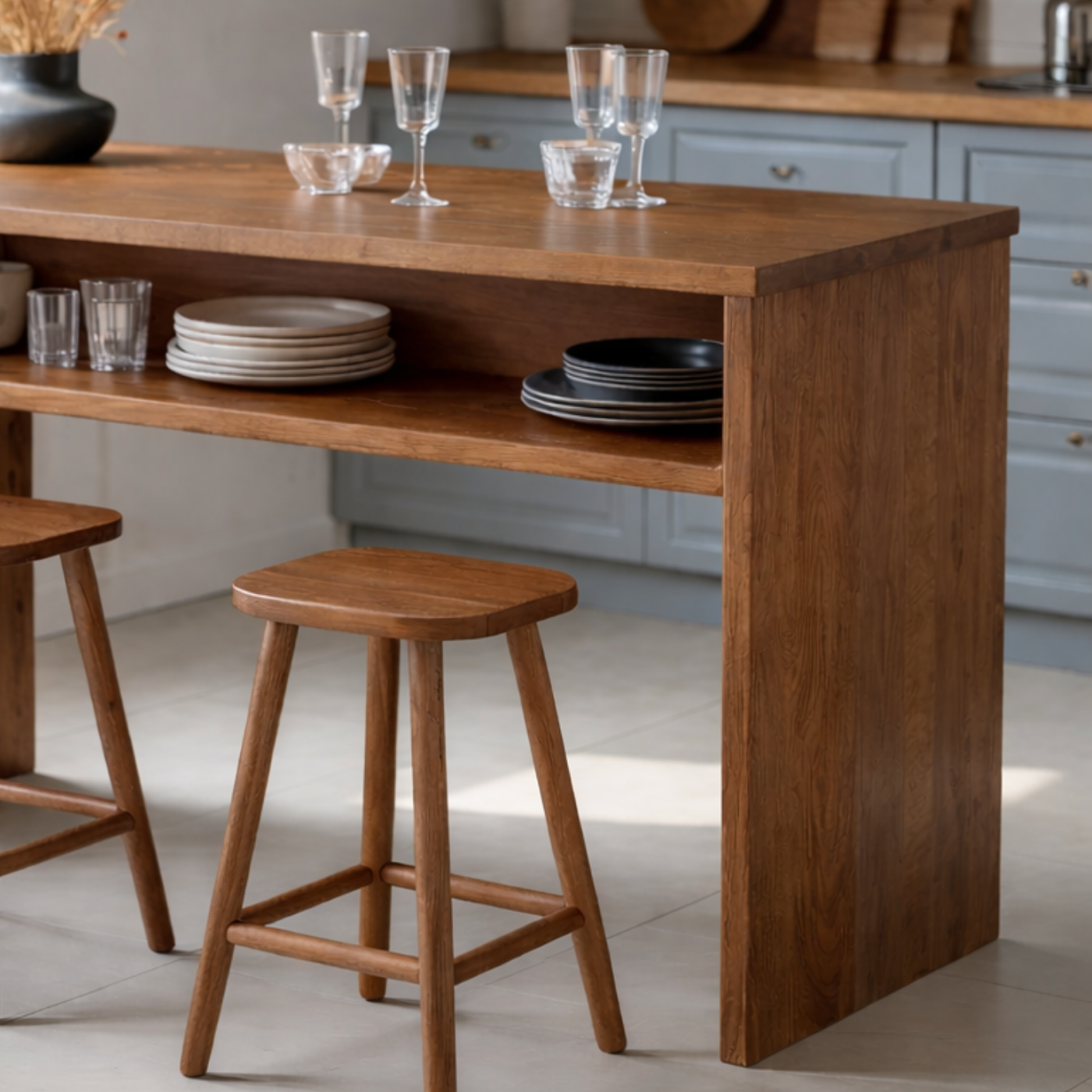 Modern Solid Wood Kitchen Island with Open Shelf Storage and Breakfast Bar Table