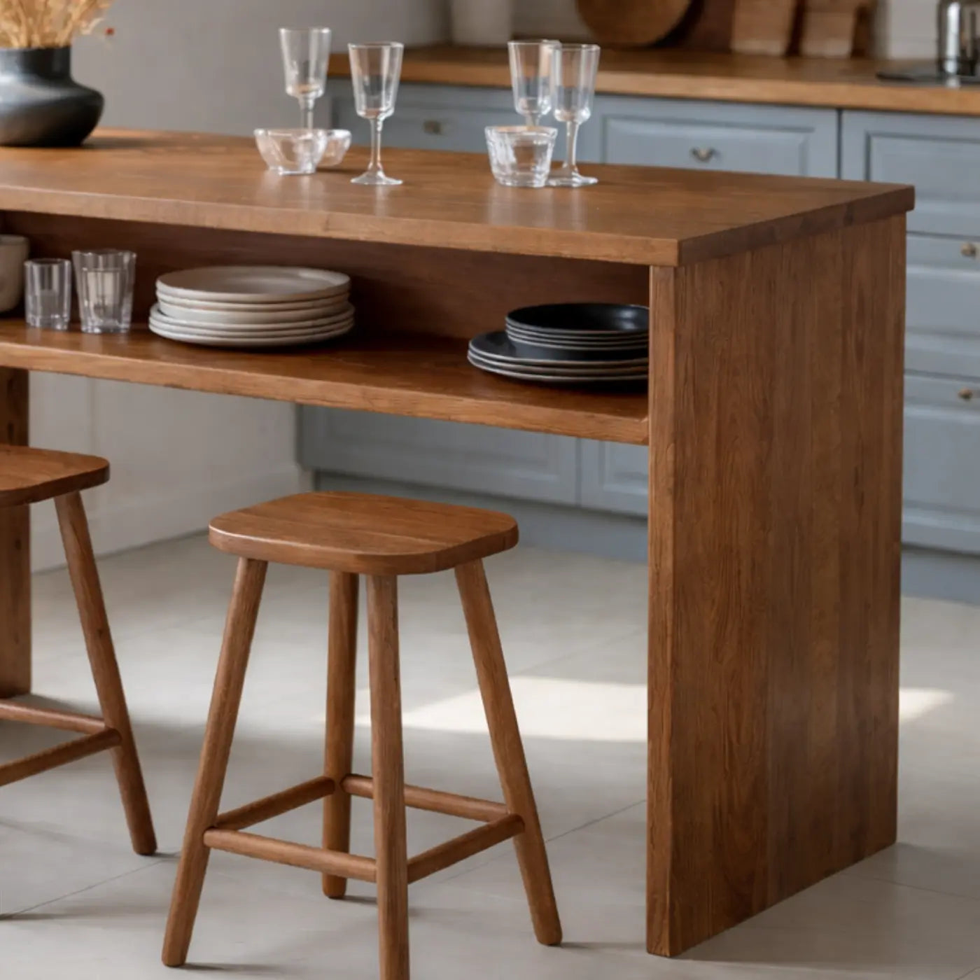 Modern Solid Wood Kitchen Island with Open Shelf Storage and Breakfast Bar Table Kitchnce