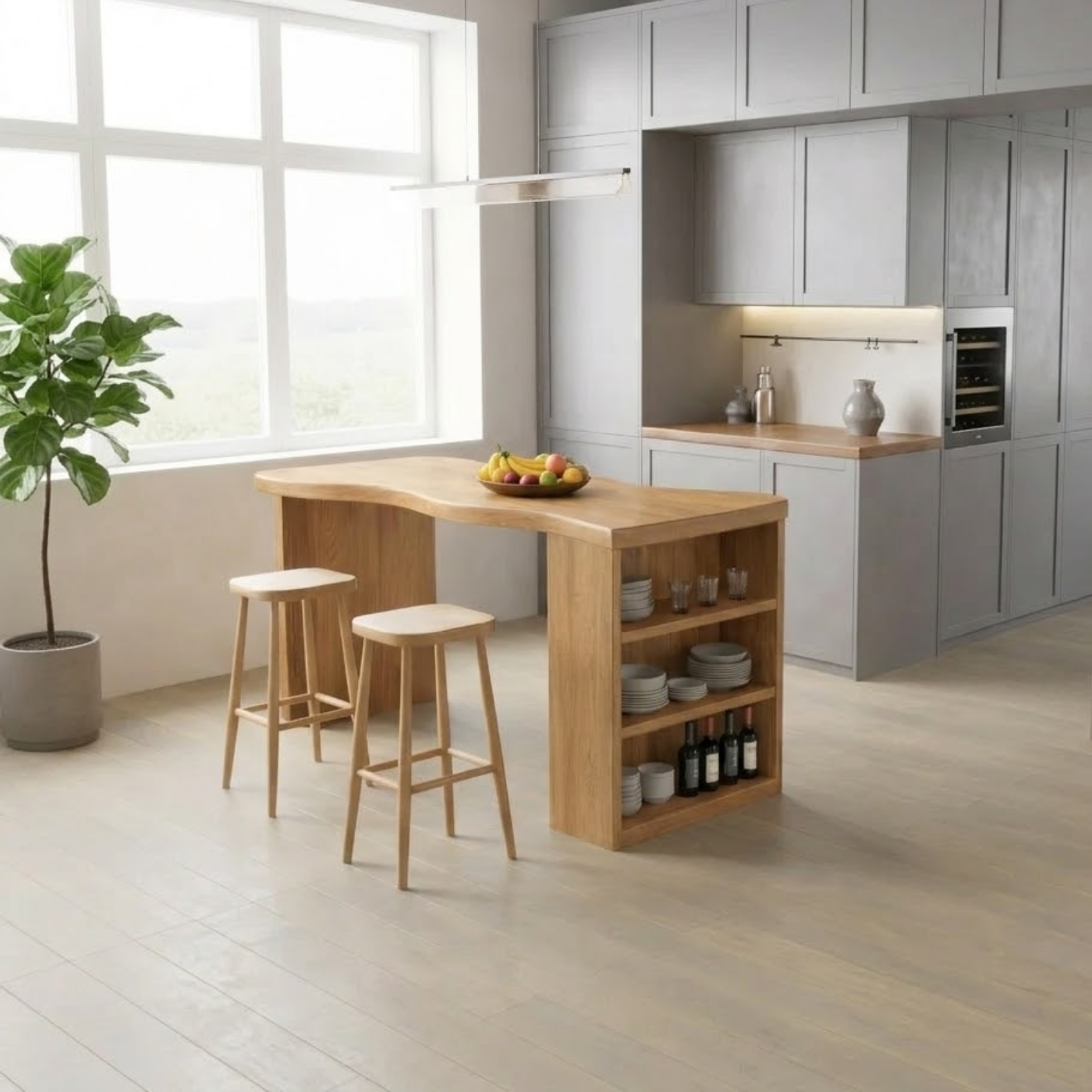 Solid Wood Kitchen Island with Curved Edge Top and Open Shelf Storage Breakfast Bar