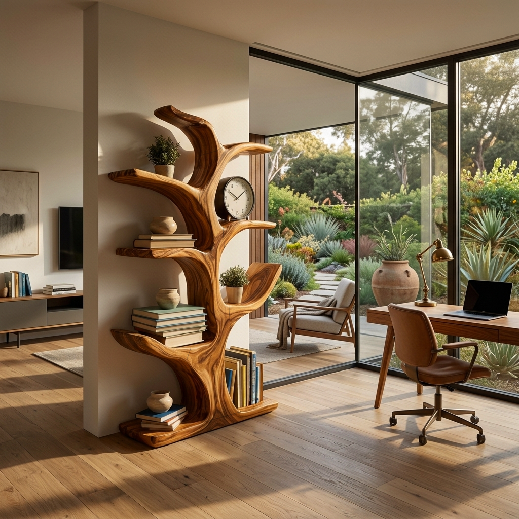 Modern Wood Bookshelf Sculptural Curved Design For Living Room Kitchnce