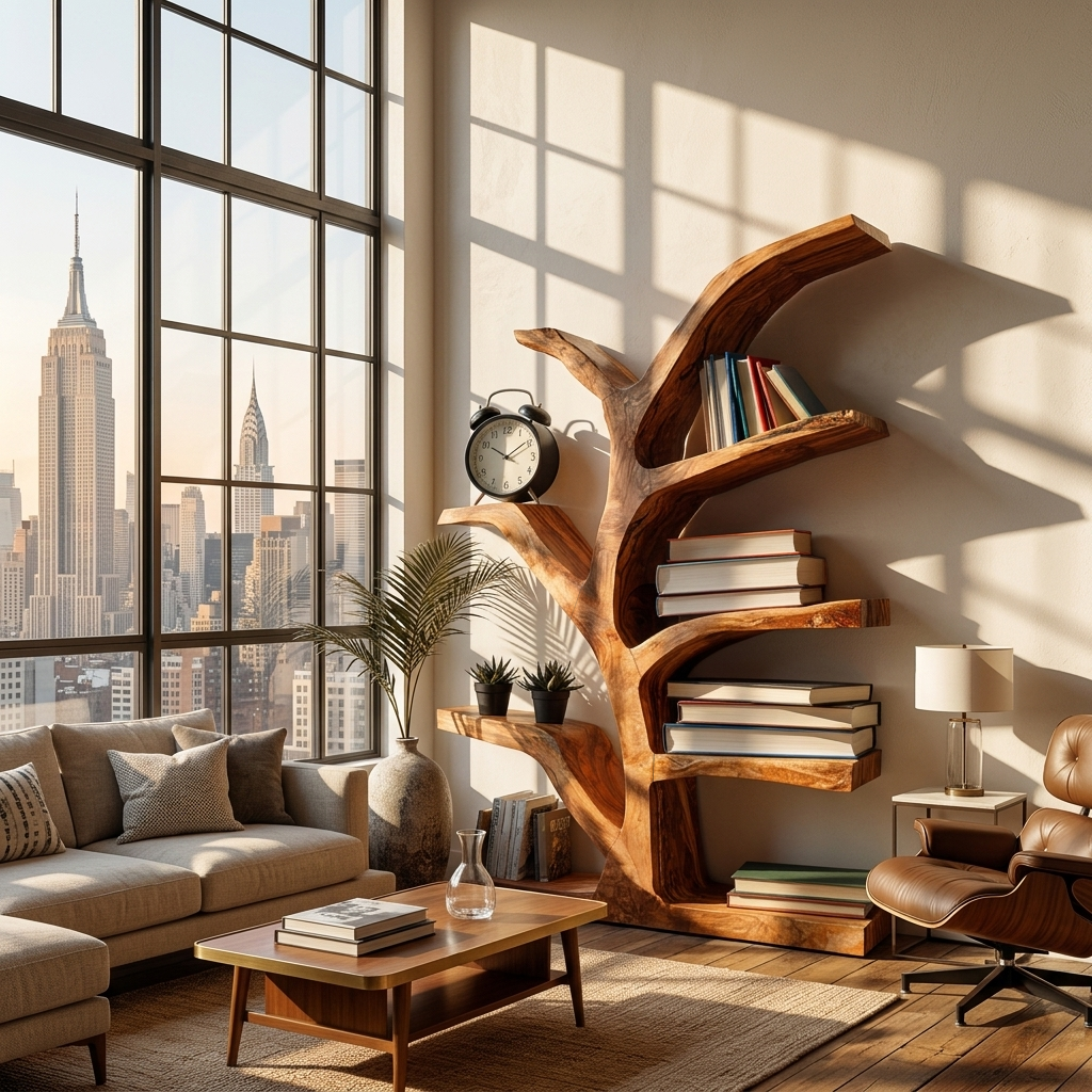 Wooden Bookshelf With Organic Form For Living Area Kitchnce