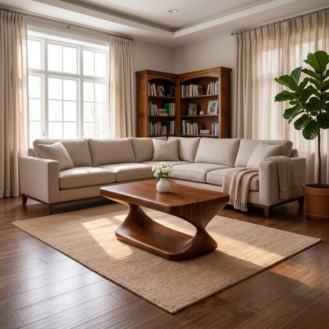 Modern Solid Wood Coffee Table with Sculptural Curved Base and Rectangular Wood Top Kitchnce