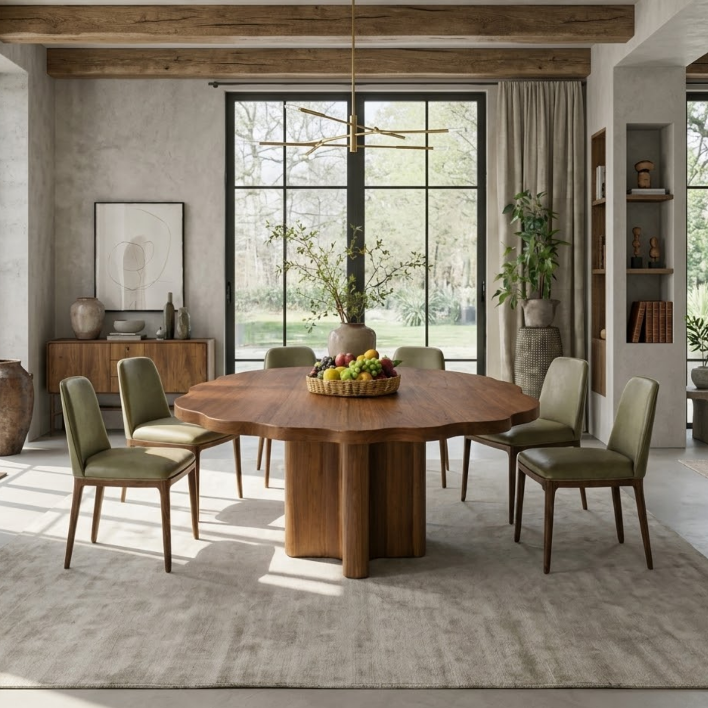 Round Solid Wood Dining Table with Sculptural Pedestal Base Modern Rustic Table