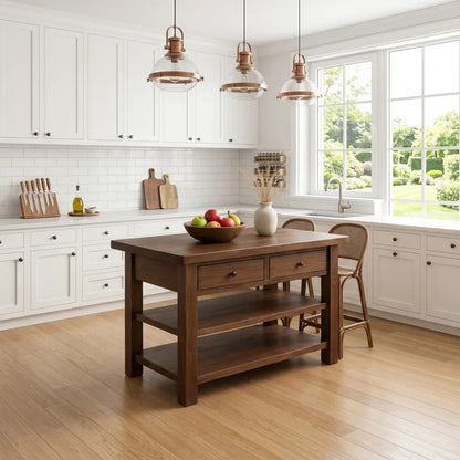 Solid Walnut Kitchen Island Table with Drawers and Shelves, Wooden Kitchen Prep Station Kitchnce