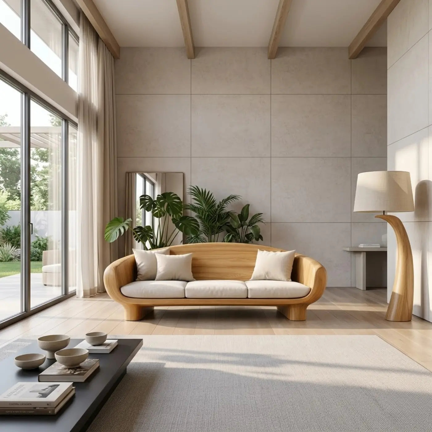 Modern Solid Oak Sofa with Curved Wooden Frame Minimalist Scandinavian Living Room Couch Kitchnce