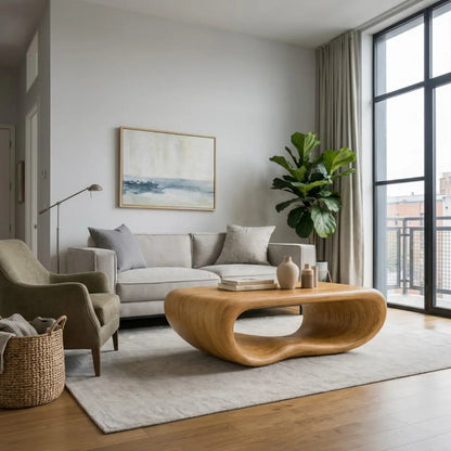Modern Solid Wood Coffee Table with Sculptural Curved Design Minimalist Living Room Table Kitchnce