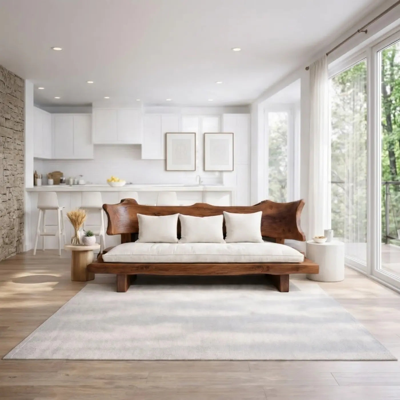 Live Edge Solid Wood Sofa Rustic Natural Wood Couch Handmade Organic Living Room Sofa Kitchnce