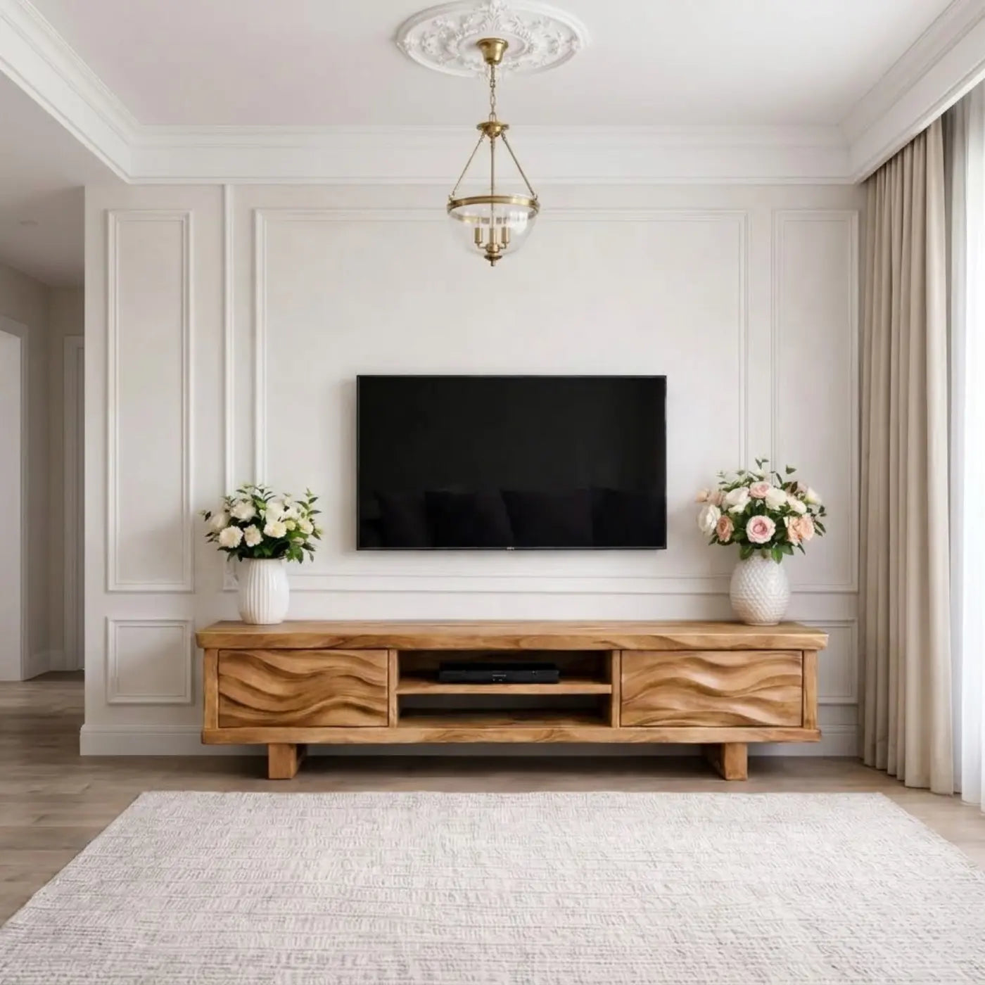 Solid Wood TV Stand with Wave Pattern Doors Modern Wooden Media Console for Living Room Kitchnce