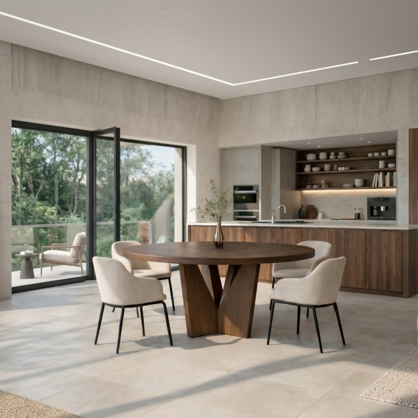 Round Solid Wood Dining Table with Sculptural Base Modern Walnut Kitchen Table