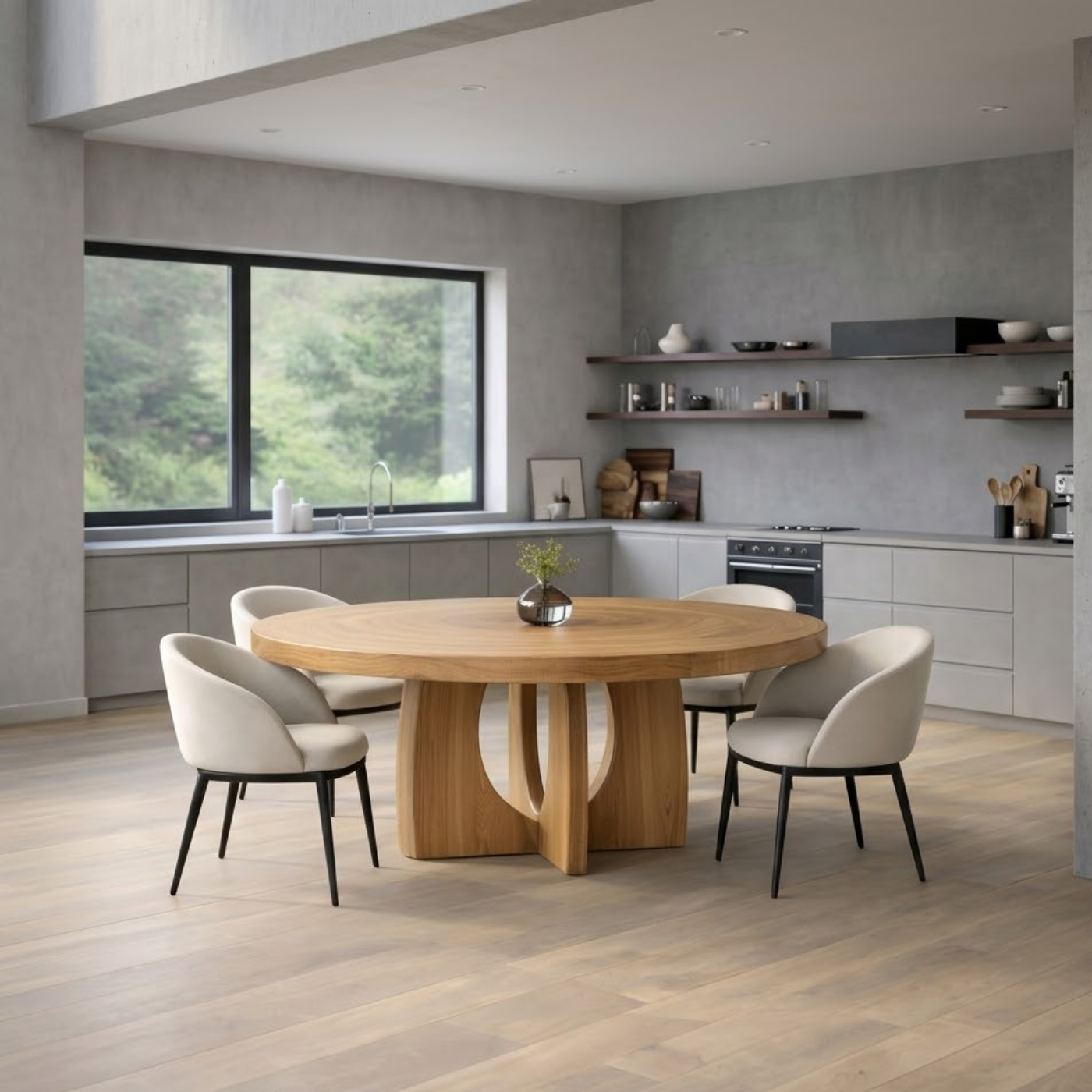 Round Solid Wood Dining Table with Sculptural Pedestal Base Modern Kitchen Table