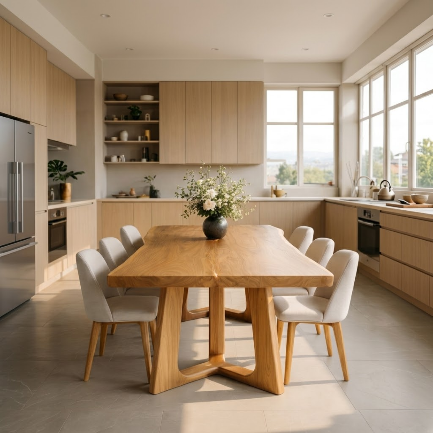 Organic Solid Wood Dining Table with Sculptural Pedestal Base