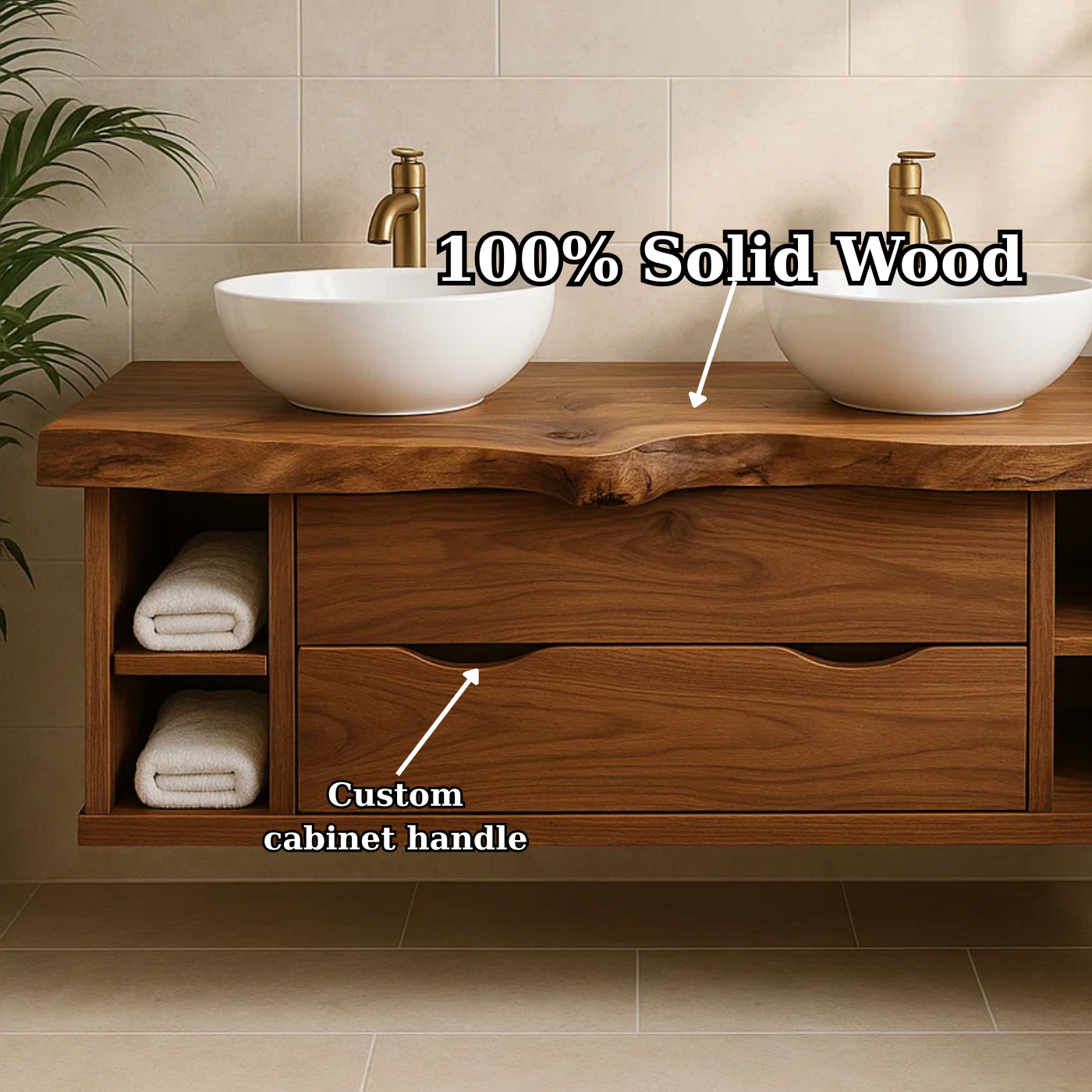 Handcrafted Solid Wood Live-Edge Double Vanity - Rustic Floating Console with Storage Kitchnce