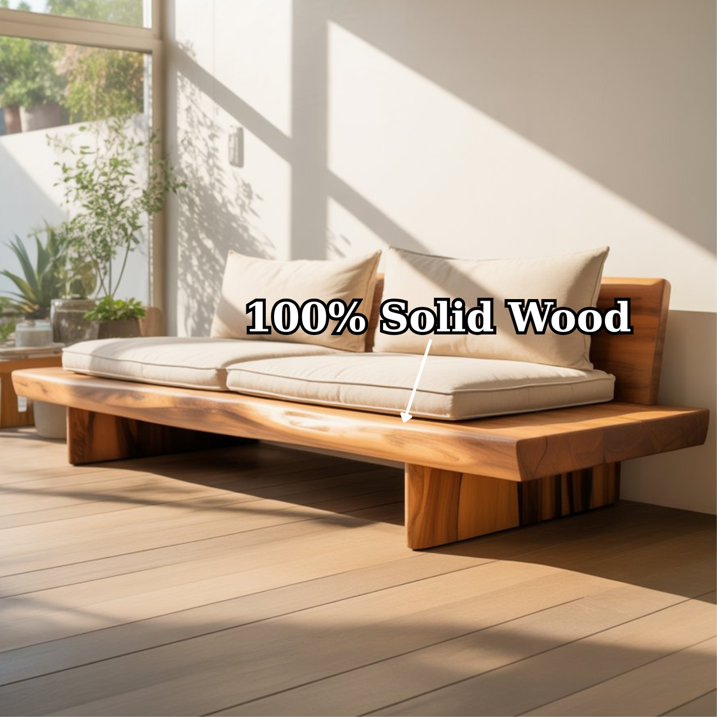 Handcrafted Solid Wood Sofa – Low Minimalist Design with Natural Live Edge and Linen Cushions Kitchnce