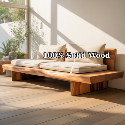 Handcrafted Solid Wood Sofa – Low Minimalist Design with Natural Live Edge and Linen Cushions Kitchnce