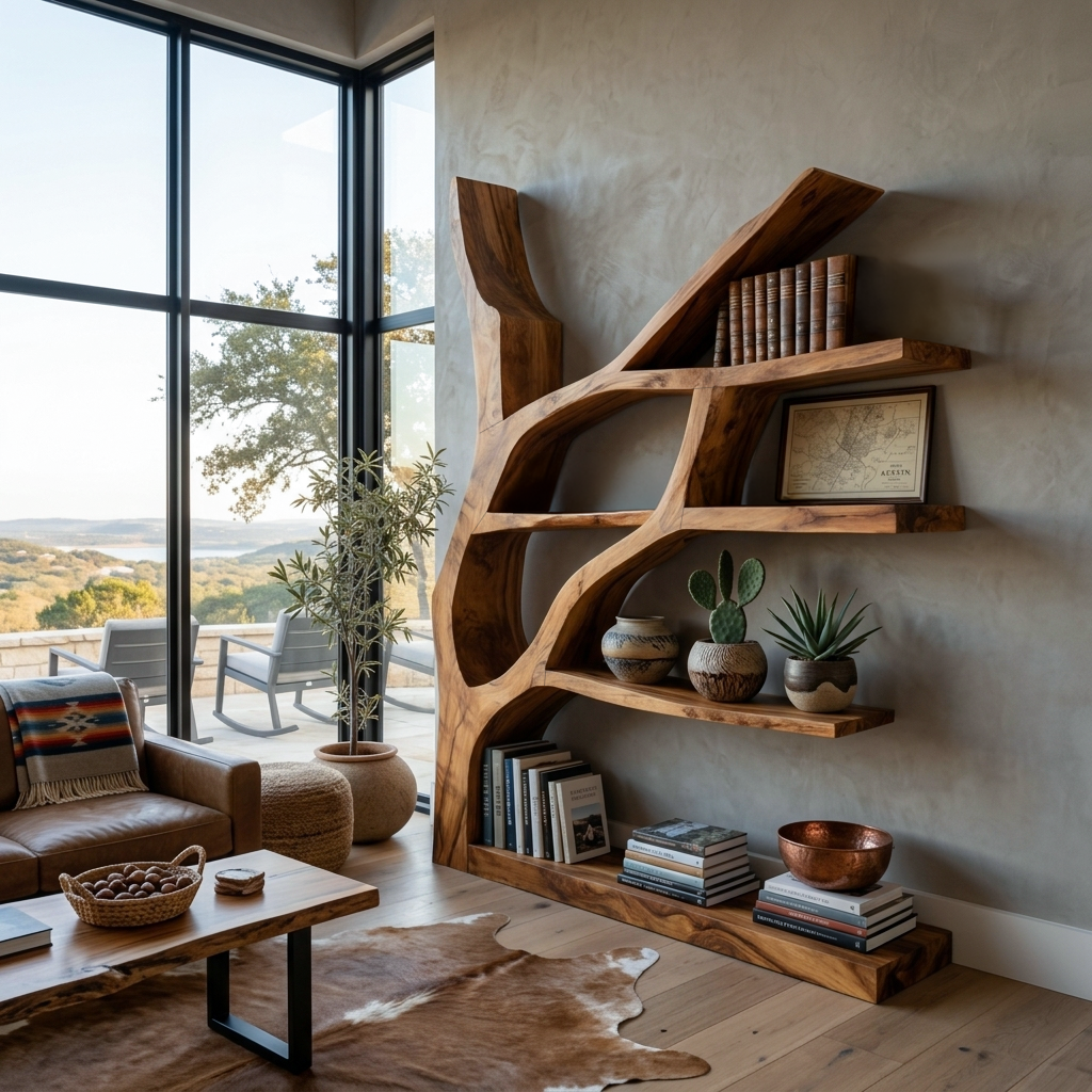 Contemporary Wooden Bookshelf Sculptural Shape For Living Room Kitchnce