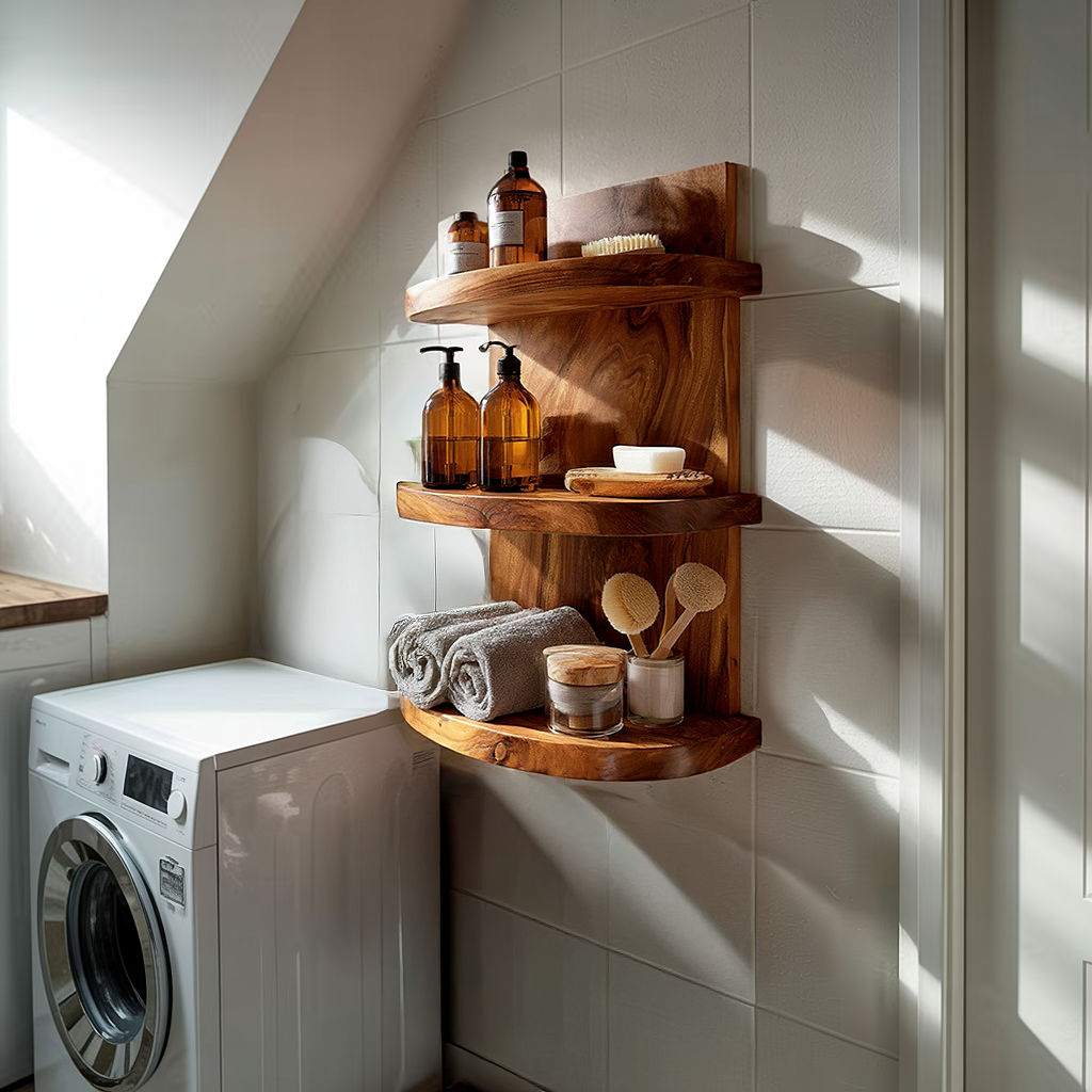 Sculptural Bathroom Shelf with Rounded Storage Compartments and Rail