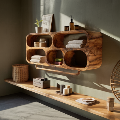 Sculptural Bathroom Wall Shelf with Rounded Open Compartments