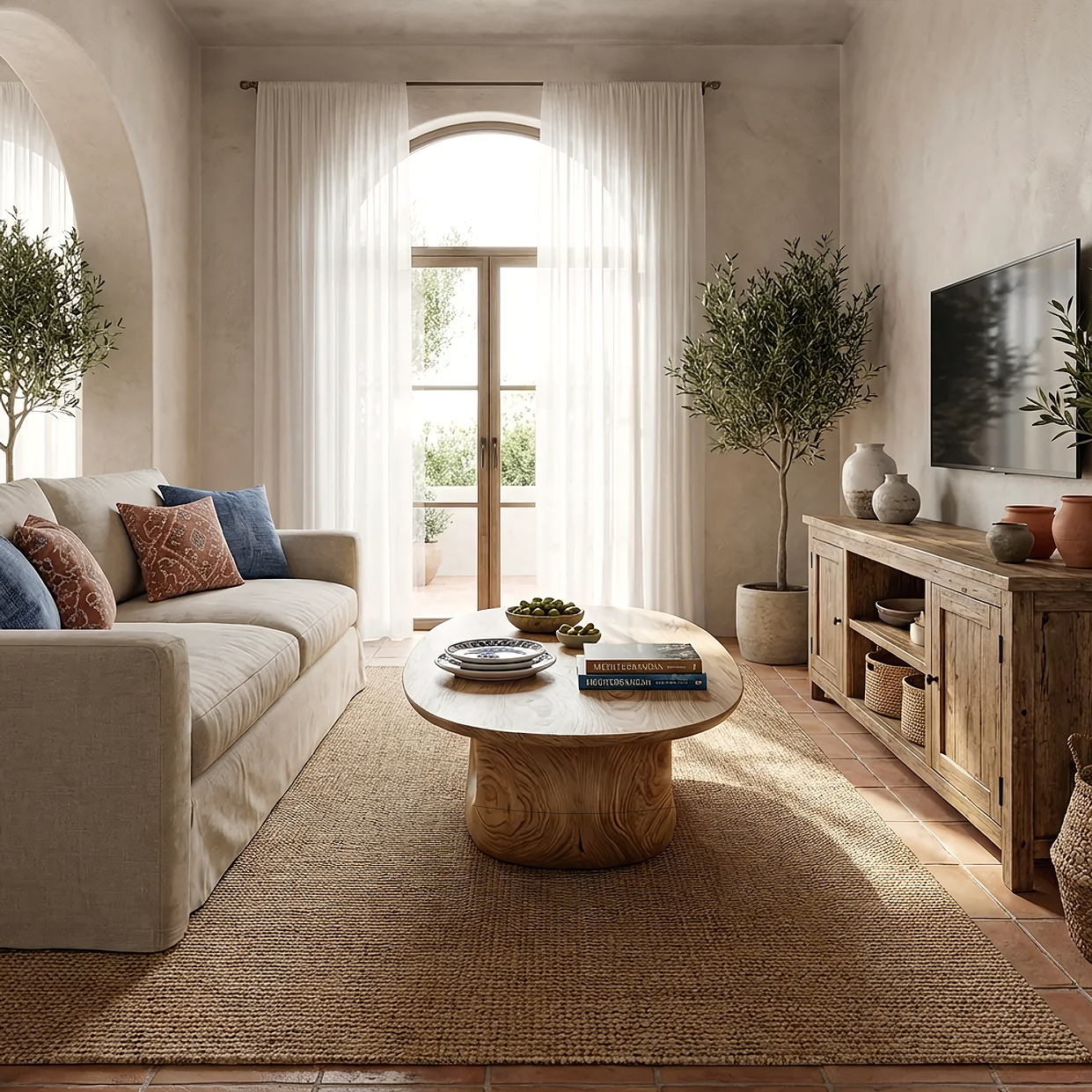 Sculptural Oval Coffee Table with Curved Base in Natural Wood