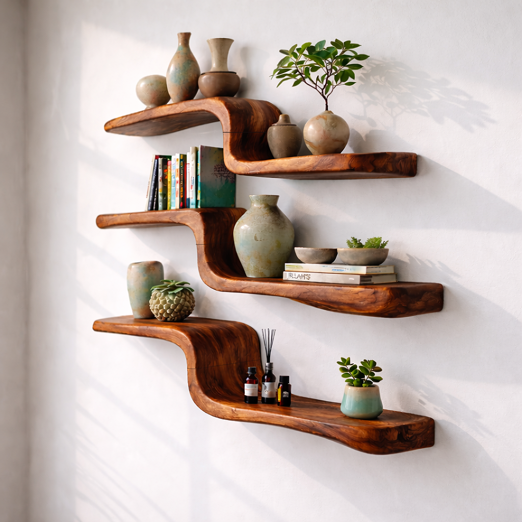 Natural Wood Floating Wall Shelf with Curved Layered Design