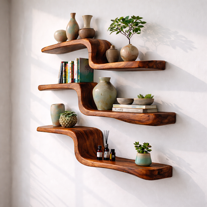 Natural Wood Floating Wall Shelf with Curved Layered Design