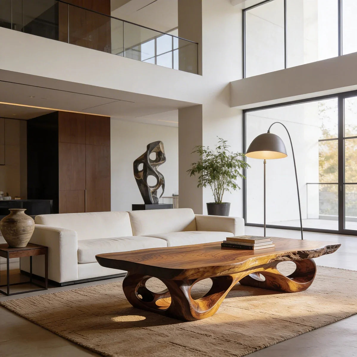 Sculptural Natural Wood Coffee Table with Organic Carved Base