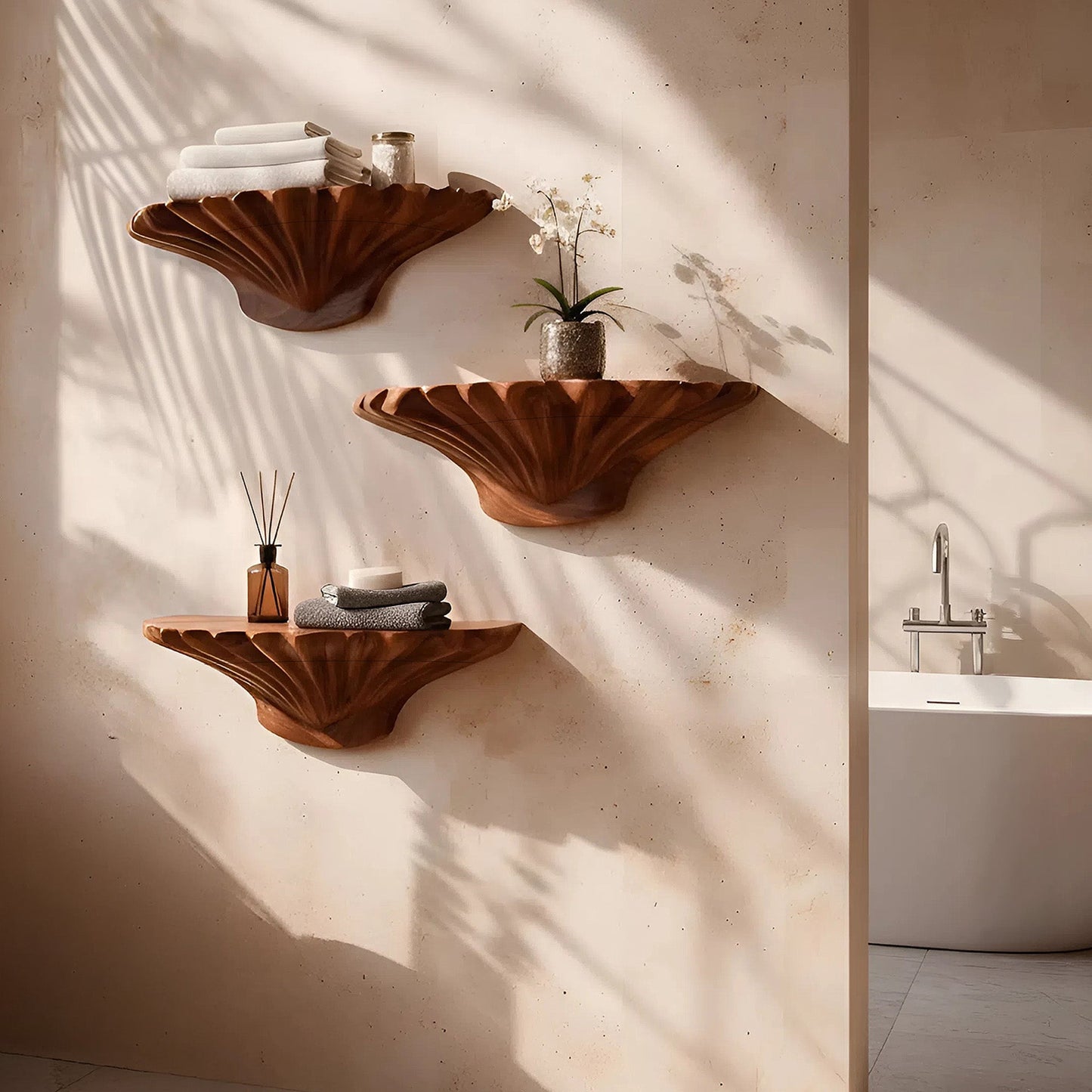 Organic Sculptural Floating Wall Shelf Set in Natural Wood