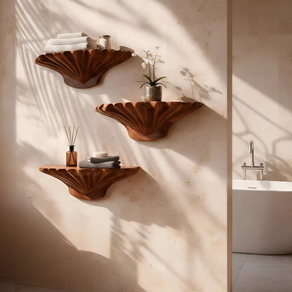 Organic Sculptural Floating Wall Shelf Set in Natural Wood