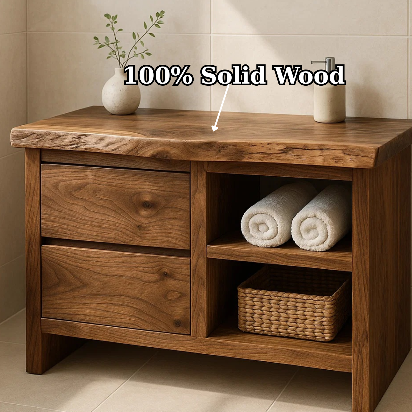 Handcrafted Solid Wood Bathroom Vanity - Rustic Drawers & Open Shelf Kitchnce