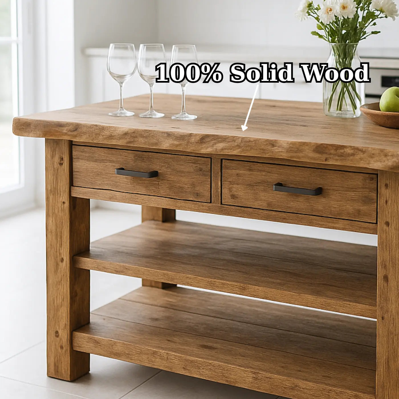 Handcrafted Solid Wood Kitchen Island - Live-Edge Top, 2 Drawers & Shelves Kitchnce