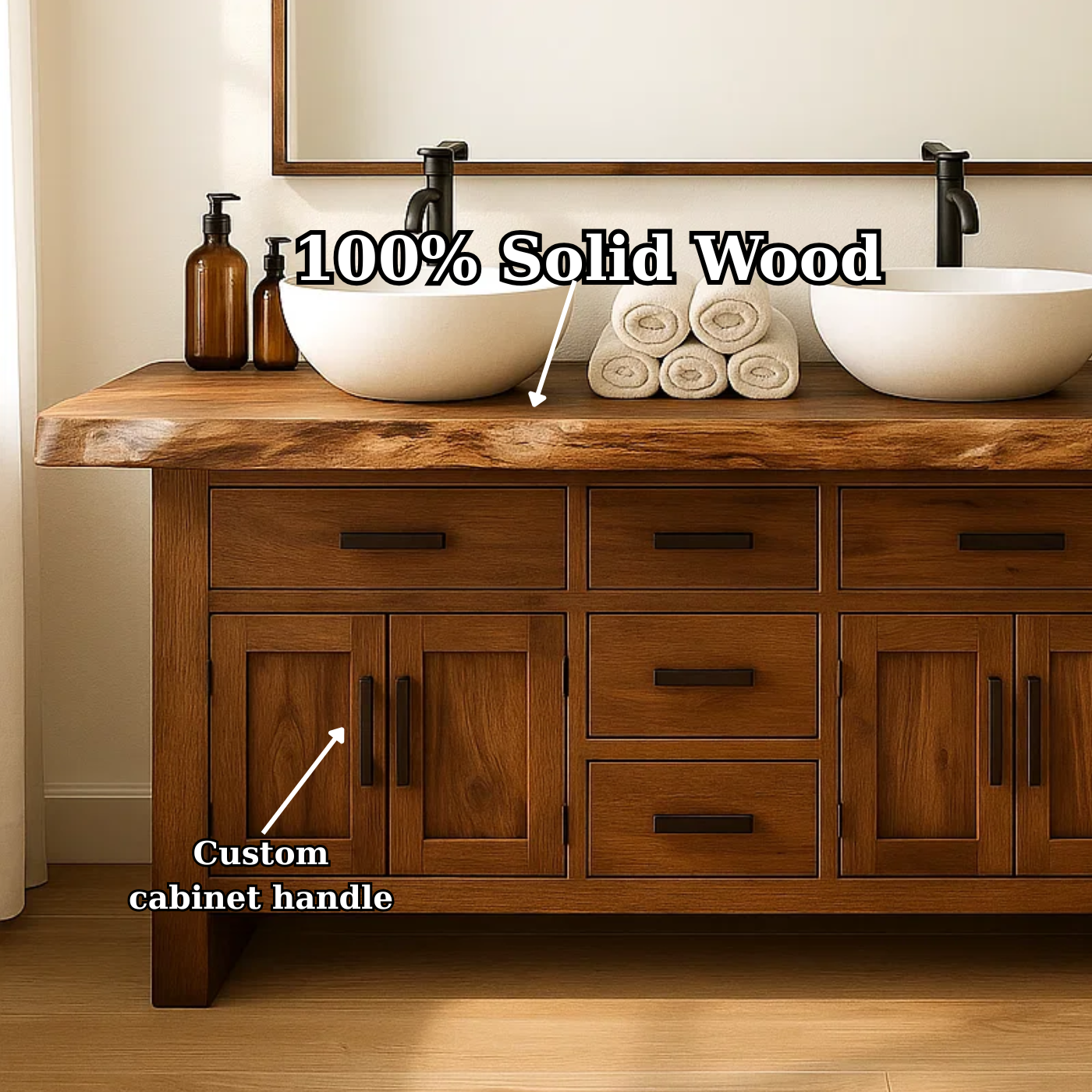 Handcrafted Solid Wood Bathroom Vanity - Live Edge Rustic Cabinet with Doors & Sink Kitchnce