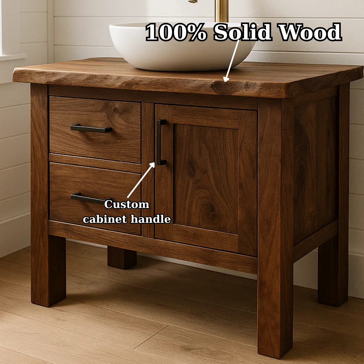 Handcrafted Solid Wood Bathroom Vanity - Live Edge Cabinet with Storage Kitchnce