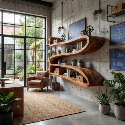 Sculptural Wood Wall-Mounted Shelf With Open Display