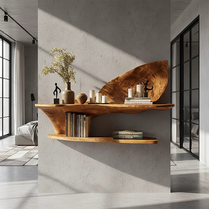 Two-Tier Sculptural Wall Shelf in Natural Wood with Organic Form