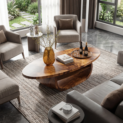 Organic Oval Coffee Table with Sculpted Loop Base and Shelf