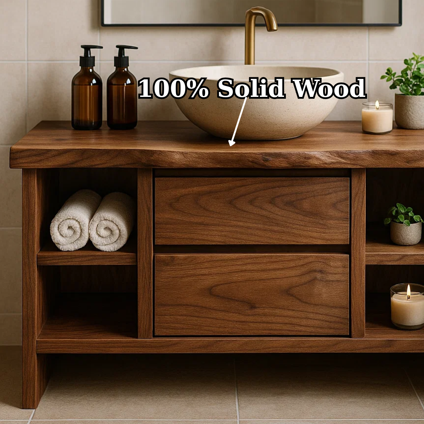 Handcrafted Solid Wood Single Vanity - Rustic Walnut Live Edge Bathroom Console Kitchnce