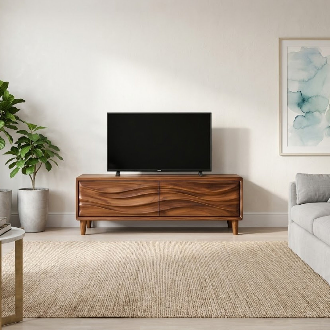 Solid Wood TV Stand for Modern Living Room with Wave Textured Front