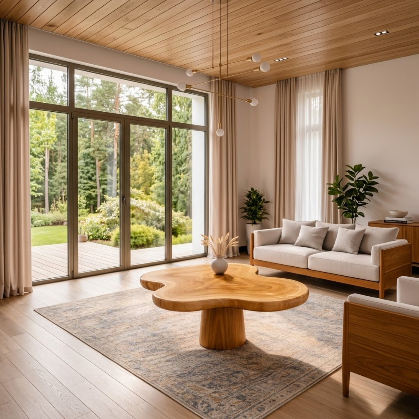 Organic Shape Solid Wood Coffee Table with Sculpted Pedestal Base