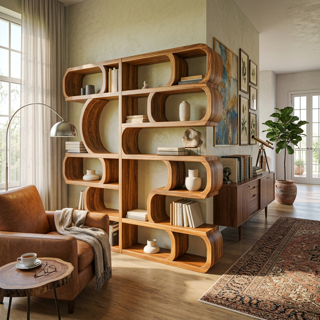 Modern Sculptural Bookshelf With Symmetrical Curves For Living Room Or Office Kitchnce