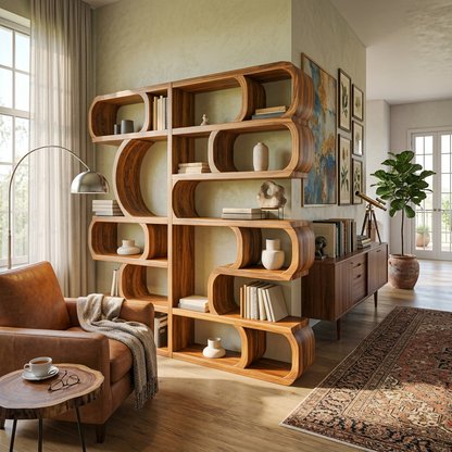 Modern Sculptural Bookshelf With Symmetrical Curves For Living Room Or Office Kitchnce