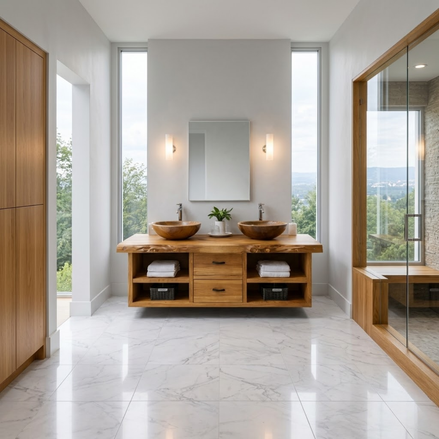 Floating Solid Wood Bathroom Vanity Cabinet with Drawers and Open Shelves